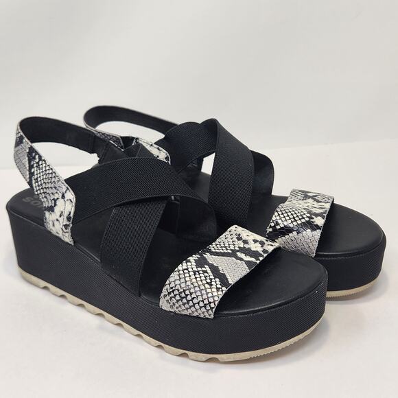 Sorel Cameron Flatform Slingback Sandal Women Size 9 White Black Leather Snake
